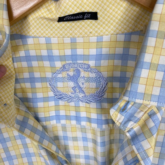 Vintage Bugatchi Yellow Blue Check Print Long Sleeve Classic Fit Shirt Size L - Picture 3 of 5